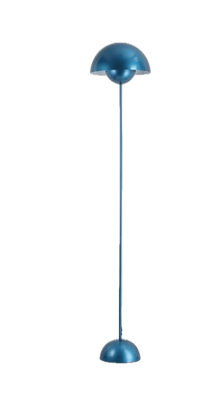 A modern floor lamp featuring a distinctive layered dome-shaped shade, a slender cylindrical stem, and a round, weighted base, all finished in a monochromatic metallic blue color. — 3D model