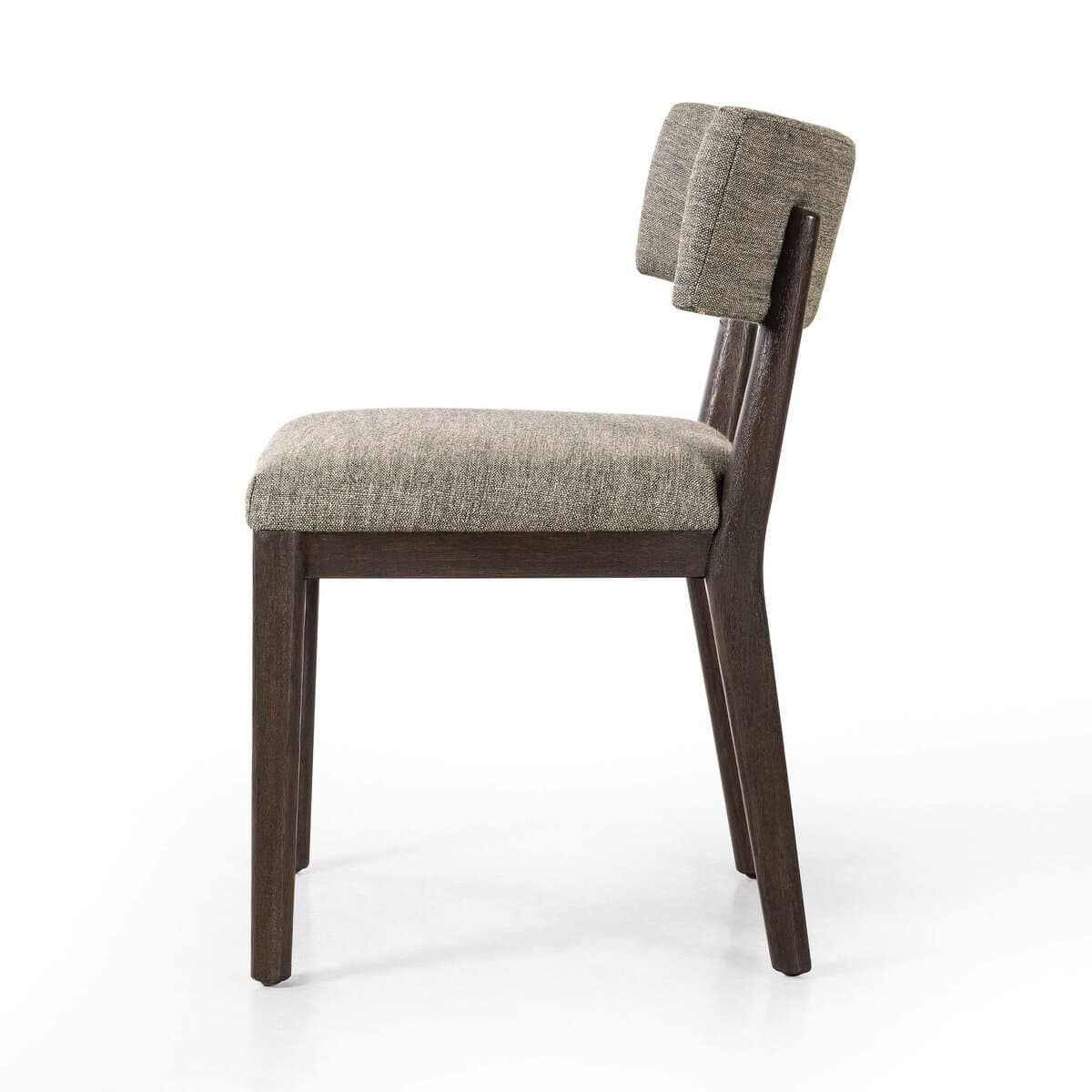 A side chair with a wooden frame and upholstered seat and backrest. The frame has a dark finish and appears to be constructed from solid wood. The seat is rectangular and the backrest is composed of two curved upholstered panels attached to a wooden support. The legs are straight and slightly tapered. — 3D model