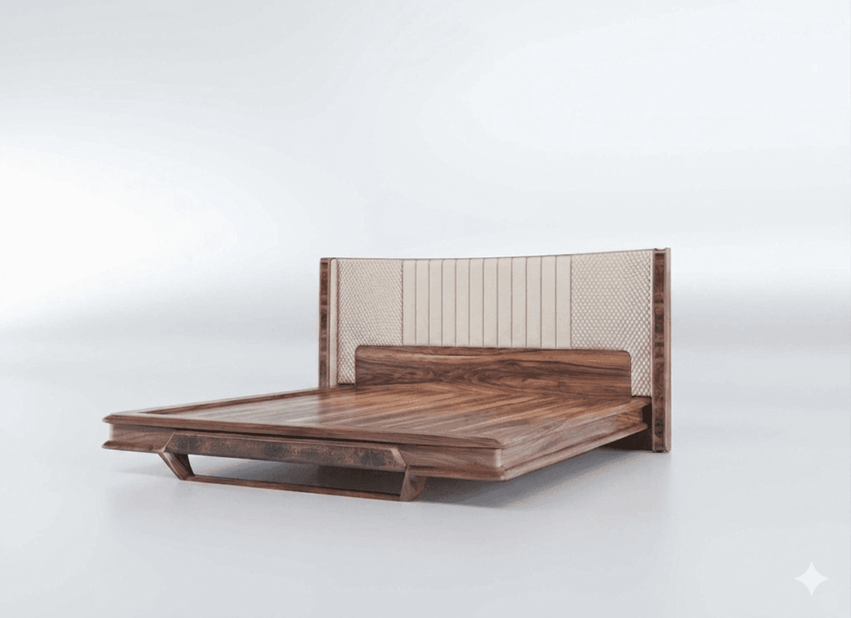 A modern platform bed frame constructed primarily of wood, featuring a low profile and an upholstered headboard. The headboard has a distinct design with vertical paneling in a light neutral color, bordered by darker wood. The bed frame itself showcases a rich wood grain pattern, possibly walnut, with a smooth, polished finish. The design incorporates geometric elements in the base structure. — 3D model