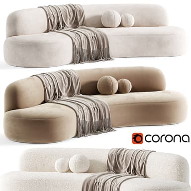 A contemporary curved chaise sectional sofa upholstered in a light beige fabric, featuring soft, organic lines and an integrated chaise extension. The sofa is accessorized with a draped light taupe throw blanket and two spherical, textured decorative pillows. — 3D model