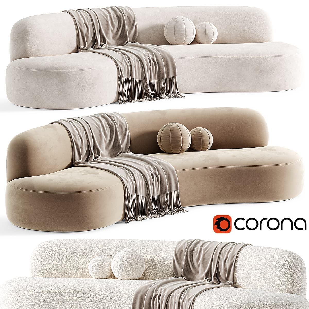 A contemporary curved chaise sectional sofa upholstered in a light beige fabric, featuring soft, organic lines and an integrated chaise extension. The sofa is accessorized with a draped light taupe throw blanket and two spherical, textured decorative pillows. — 3D model