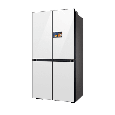 A freestanding, four-door refrigerator with a predominantly white finish.  The refrigerator features a built-in digital display panel located centrally on the upper section.  The doors appear to be made of a smooth, possibly glass or high-gloss, material.  The frame and handles exhibit a dark gray or black accent color.  The unit rests on small, adjustable feet. — 3D model