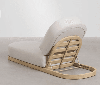 A modern upholstered chaise lounge with a light-colored fabric and an adjustable rounded backrest, set on a curved wooden sled base. — 3D model