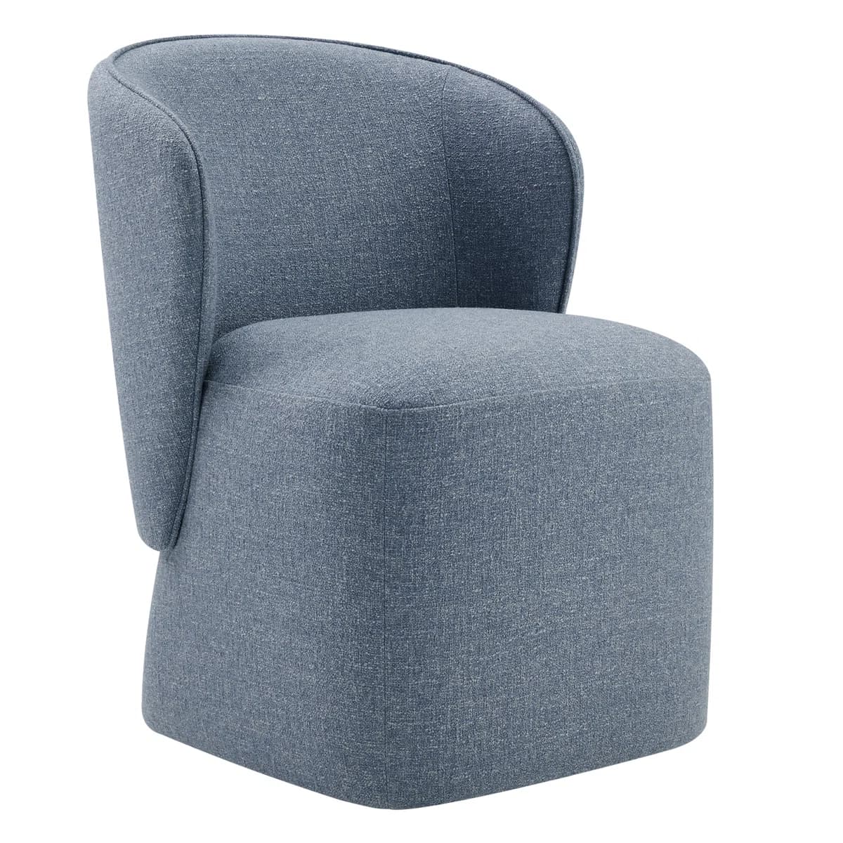 A modern, fully upholstered armless accent chair featuring a curved backrest that seamlessly blends into the seat. The chair is covered in a textured blue fabric and sits on a block-like base, presenting a compact and contemporary design. — 3D model