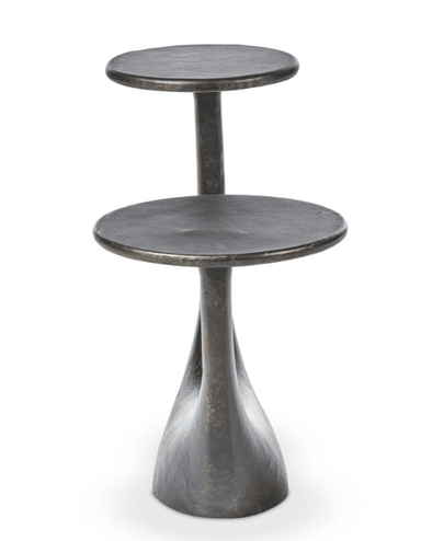 A dark-colored, metallic end table with a sculptural, U-shaped base supporting two circular tabletops at different heights. The surface has a textured, weathered finish. — 3D model