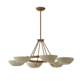 A contemporary chandelier featuring a brushed gold/brass finish and six opaque, cream-colored bowl-shaped shades. The fixture is suspended from a ceiling canopy by a rigid downrod, which connects to a central hub. From this hub, slender arms extend outwards and downwards to a circular frame, from which the six individual light shades are suspended, radiating evenly around the central axis. The shades are oriented upwards, suggesting an ambient or indirect light distribution. — 3D model