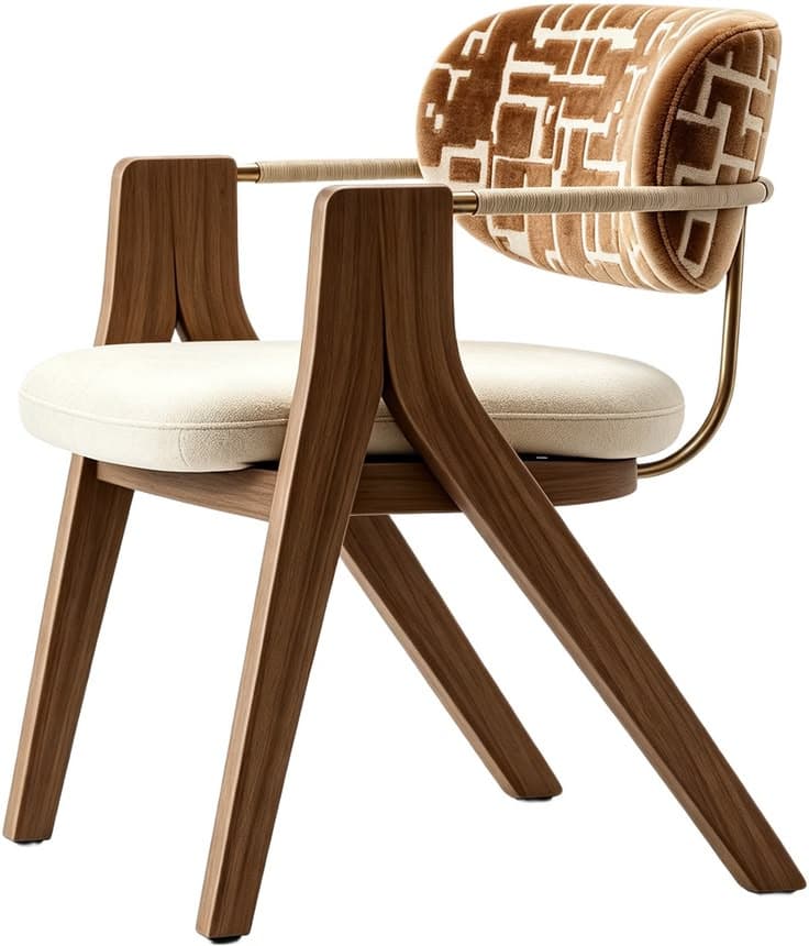 A contemporary accent armchair featuring a distinctive patterned velvet backrest, a cream-colored upholstered seat, and a solid wood frame. The armrests are adorned with a unique rope-wrapped design, supported by a brass rod that connects to the backrest. The chair's legs are angled, suggesting a modern and stable construction. — 3D model