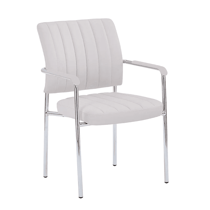 A contemporary armchair featuring a polished chrome metal frame and white channel-tufted faux leather upholstery. The chair has a minimalist design with straight lines, padded seat and backrest, and integrated armrests with matching white caps. Its four legs are simple, straight chrome tubes. — 3D model