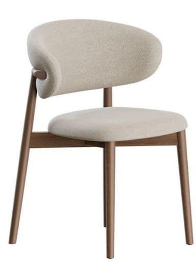 A contemporary dining chair featuring a light beige fabric upholstered seat and a deeply curved backrest, which integrates into short armrests. The frame and legs are constructed from medium-toned wood, with a sleek and minimalist design. The legs are slender and slightly tapered. — 3D model
