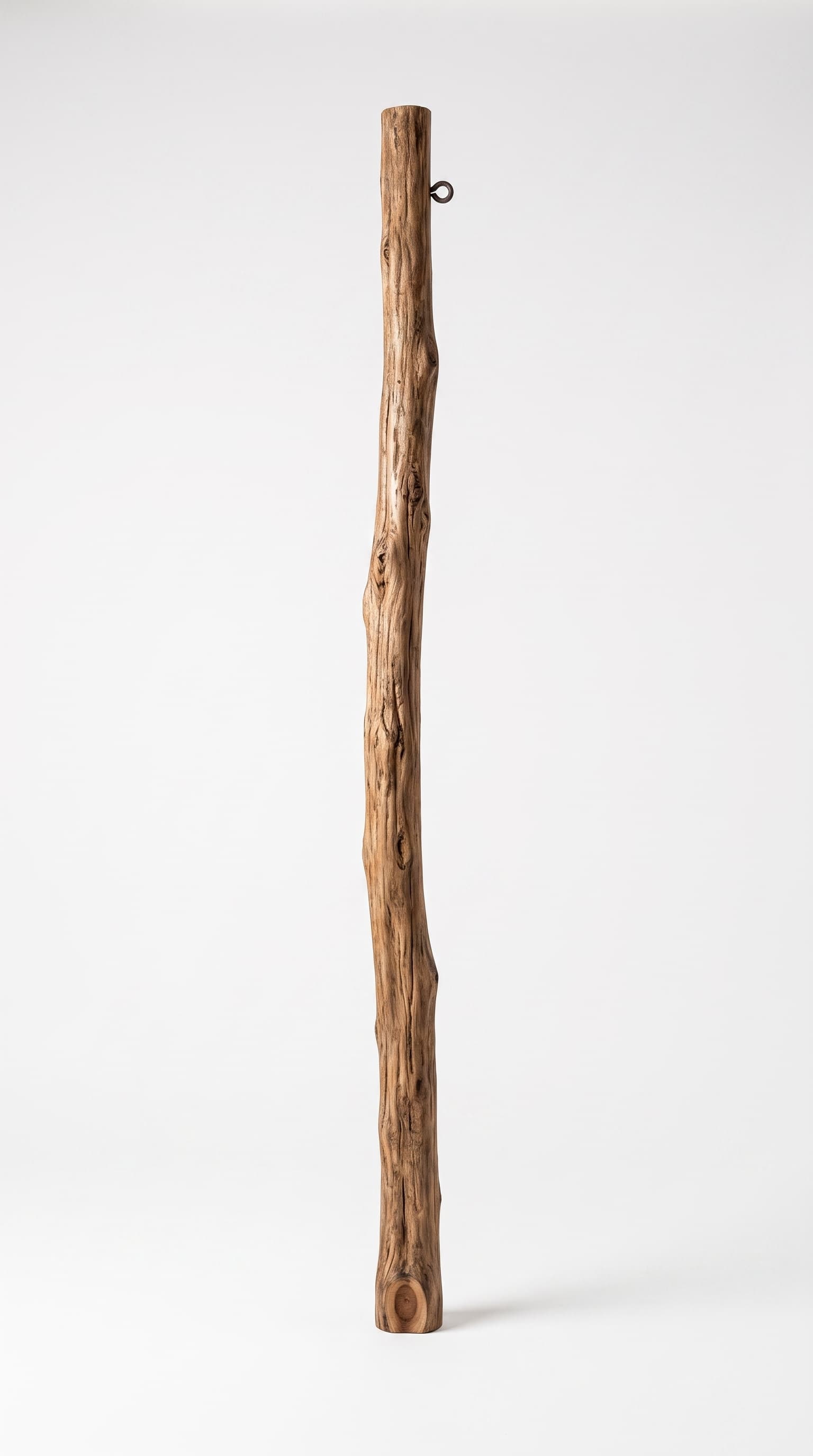 A tall, slender pole made from natural wood, featuring an organic, gnarled texture. It stands vertically and has a metal eye hook near the top. — 3D model