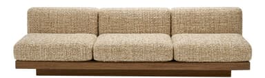 A contemporary three-seater sofa featuring a low-profile design with a prominent wooden platform base and segmented upholstered cushions. — 3D model