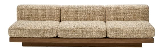 A contemporary three-seater sofa featuring a low-profile design with a prominent wooden platform base and segmented upholstered cushions. — 3D model