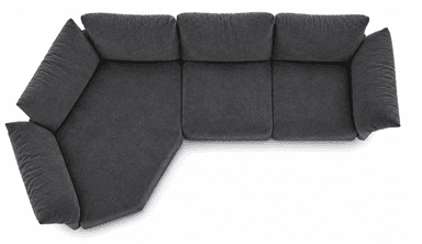 A dark gray, upholstered sectional sofa with a curved chaise lounge section on the left and multiple seating modules. The sofa features deep seat cushions and large back cushions, with a rounded armrest on the right side. The upholstery appears to be a textured fabric. — 3D model
