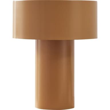 A minimalist cylindrical pedestal table featuring a broad, flat top surface supported by a narrower, straight cylindrical base. The entire piece is rendered in a uniform, matte tan color, suggesting a monochromatic design with a lacquered finish. Its simple, geometric form gives it a modern and sculptural aesthetic. — 3D model