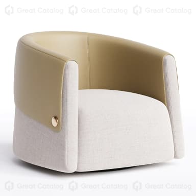 A modern upholstered armchair featuring a rounded, barrel-like silhouette. It showcases a two-tone design with a light, textured fabric on the seat and lower body, contrasted by a smooth, tan-colored faux leather on the upper back and integrated curved armrests. A decorative gold-finished stud accents the side where the two materials meet, contributing to its refined aesthetic. The base is low and largely concealed, suggesting a streamlined or potentially swiveling design. — 3D model