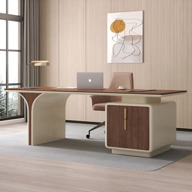 A modern executive desk featuring a dark wood-grain tabletop with rounded edges. One end is supported by a curved, cream-colored panel, while the other end rests on a rectangular storage cabinet of the same cream color. The storage cabinet has a single door or drawer front matching the dark wood grain of the tabletop, accented with a subtle, vertical gold-toned handle. — 3D model