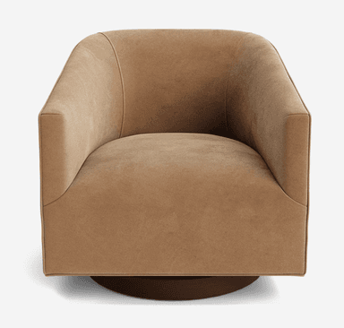 An upholstered barrel-shaped armchair with integrated arms and a swivel base, rendered in a light beige or camel-colored velvet-like fabric. — 3D model
