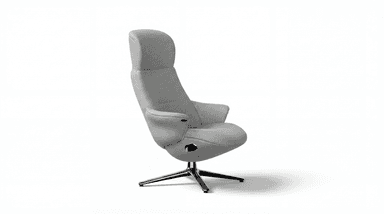 A modern grey armchair with a high back and integrated speakers on the sides. The chair features a swivel base with multiple legs. — 3D model