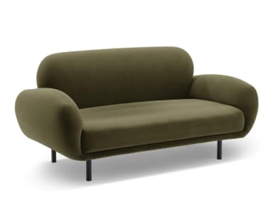 A contemporary two-seater sofa upholstered in a rich olive green fabric. The sofa features a rounded backrest and integrated, gently curved armrests, giving it a soft, inviting silhouette. It is supported by four slender, black metal legs. — 3D model