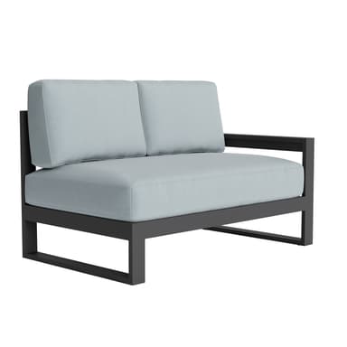 A modern two-seater sofa with a left-side armrest. The sofa features a sturdy, dark-colored frame and light blue upholstered cushions for both the seat and the back. — 3D model