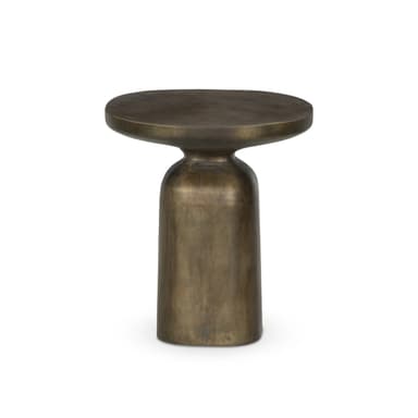 A small, cylindrical end table with a rounded, oval-shaped top. The base is a solid, hollow cylinder with rounded edges at the top and bottom, supporting a pedestal-like structure that connects to the tabletop. The overall form is sculptural and minimalist. — 3D model