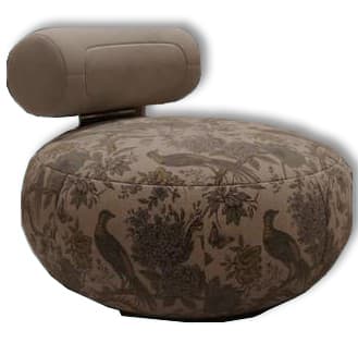 A contemporary armchair with a distinctive, rounded, pouf-like base and a separate, curved backrest. The base is upholstered in fabric featuring a detailed toile de Jouy-style print with birds and foliage. The backrest is a distinct unit, appearing to be made of a smoother material, possibly leather or a solid upholstered panel, with a curved, pillow-like top. — 3D model