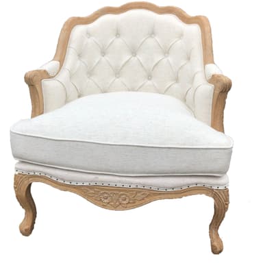 A tufted accent chair with a light-colored upholstery and a distressed wooden frame. The chair features curved cabriole legs and a sinuous armrest profile. The backrest has a diamond tufting pattern. The frame has a natural wood finish and decorative nailhead trim along the base. — 3D model