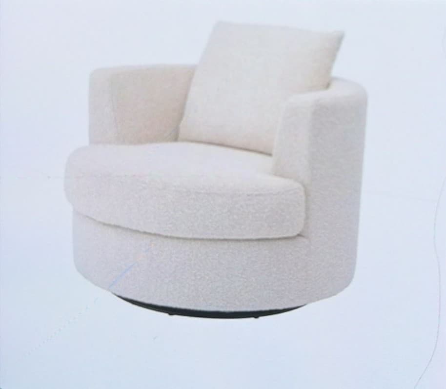 A contemporary armchair with a rounded silhouette and a swivel base. The armchair features plush upholstery with a textured, boucle-like finish, providing a cozy and inviting appearance. It includes a single loose back cushion for added comfort and support. The design is minimalistic, emphasizing soft curves and a compact form factor. — 3D model