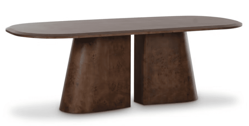 A modern console table featuring a dark brown racetrack-shaped tabletop supported by two sculptural, tapered pedestal bases. The bases exhibit a rich, mottled wood grain, likely burl wood veneer, contributing to its sophisticated and organic aesthetic. The overall design emphasizes clean lines and robust forms. — 3D model