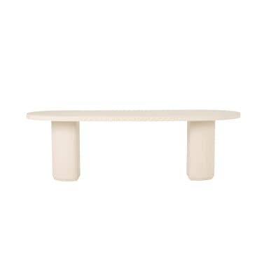 An off-white oval console table featuring a substantial top and two cylindrical pedestal bases, all uniformly finished with a vertical fluted texture. The design is monochromatic and minimalist, emphasizing form and texture. — 3D model