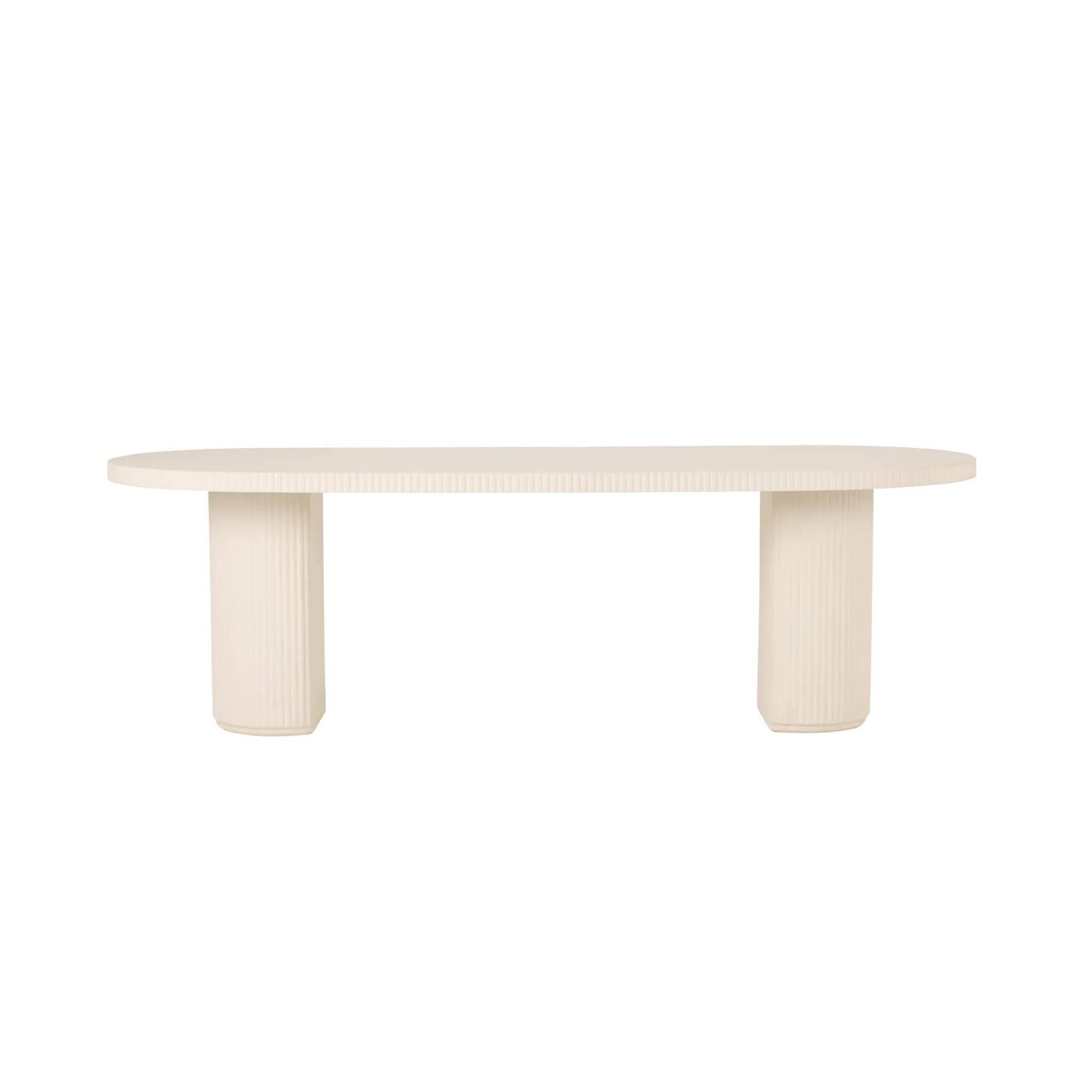 An off-white oval console table featuring a substantial top and two cylindrical pedestal bases, all uniformly finished with a vertical fluted texture. The design is monochromatic and minimalist, emphasizing form and texture. — 3D model