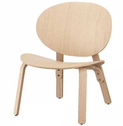 A modern accent chair constructed from bent plywood, featuring a rounded seat and a curved, oval-shaped backrest. The chair has four legs, with the front legs extending directly from the base of the seat structure and the back legs integrated into the overall frame. Visible fasteners, likely screws, are used to join the components. The surface exhibits a natural wood grain pattern. — 3D model