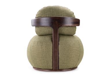 A contemporary lounge chair, viewed from the back, featuring a rounded, bulbous form. It is upholstered in a textured olive-green fabric. A prominent dark-stained wooden bar serves as the top backrest, supported by a central wooden spine that extends down to a circular wooden base. — 3D model