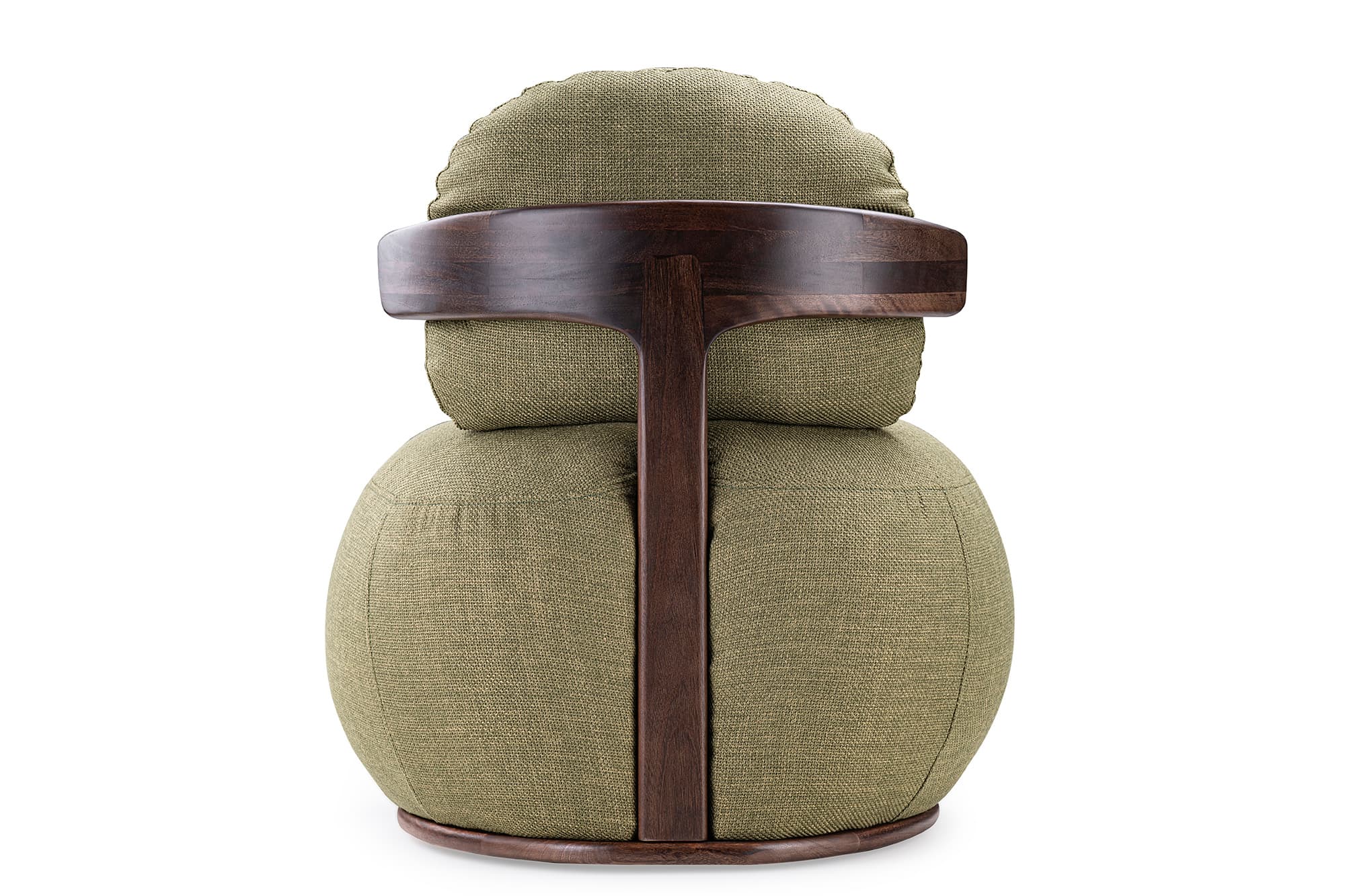 A contemporary lounge chair, viewed from the back, featuring a rounded, bulbous form. It is upholstered in a textured olive-green fabric. A prominent dark-stained wooden bar serves as the top backrest, supported by a central wooden spine that extends down to a circular wooden base. — 3D model
