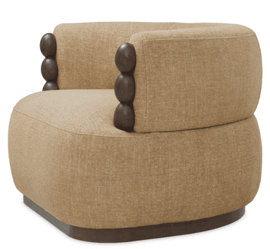 A single-seater armchair with a rounded, upholstered body and a wooden base. The armchair features upholstered arms with decorative wooden elements stacked vertically on the exterior side of each armrest. The upholstery has a textured, woven appearance. The base is a dark, solid wood circular plinth. — 3D model
