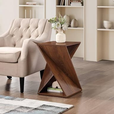 A modern accent table characterized by its unique geometric design, featuring a twisted central structure. The table has a square top and bottom, with the sides forming an hourglass or spiral shape from intersecting panels, all finished in a dark wood veneer resembling walnut. — 3D model