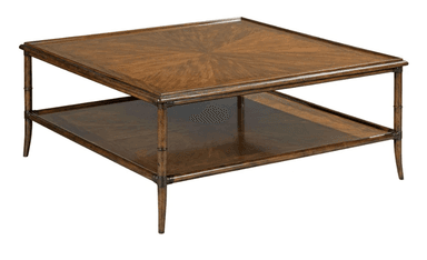 A square, two-tiered coffee table constructed from wood. The tabletop features a sunburst veneer pattern. The table has tapered legs and a lower shelf mirroring the veneer pattern of the top. The overall design suggests a classic or traditional style. — 3D model