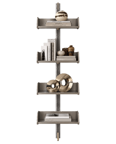 A 3D render of a wall-mounted shelving system featuring four identical, rectangular, open-front shelves made of a brushed metallic material, attached to a central vertical support pole. — 3D model