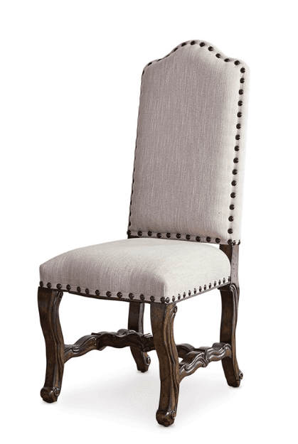 A high-back dining chair with upholstered seat and backrest. The chair features decorative nailhead trim along the edges of the upholstery and ornately carved wooden legs and frame. — 3D model