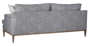 A sofa upholstered in a textured gray fabric. It features a wooden base frame and legs with a natural wood finish. The backrest is composed of two distinct cushions, and an accent pillow with a geometric pattern in white and gray is visible on the left side. — 3D model