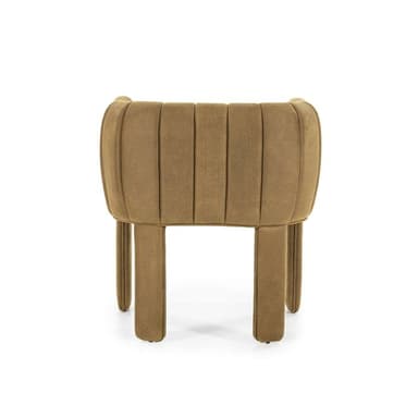 A modern armchair with a rounded back and seat, upholstered in a textured fabric. The backrest features vertical channel tufting, creating a series of indentations. The chair has four block-like legs, also upholstered in the same fabric, positioned at the corners of the seat. — 3D model