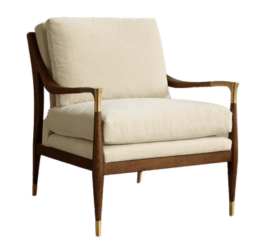 A sophisticated armchair with a wooden frame and upholstered cushions. The frame features gracefully curved armrests and legs, with brass accents on the armrests and leg tips. The upholstery is a light-colored fabric. — 3D model