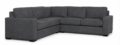 A contemporary L-shaped sectional sofa upholstered in a dark gray textured fabric, featuring clean lines, block arms, and multiple loose seat and back cushions resting on low-profile dark feet. — 3D model
