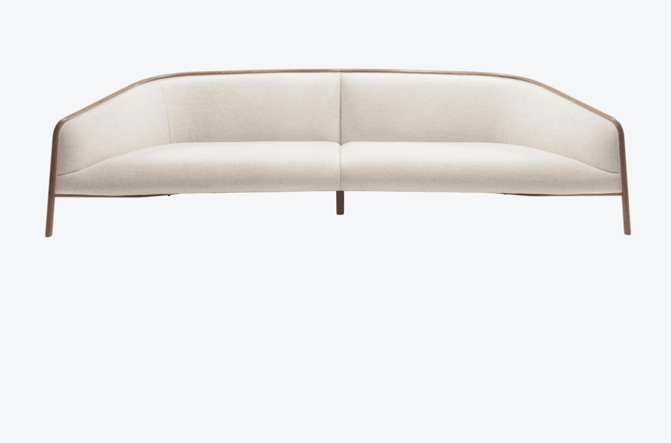 A two-seater sofa with a curved backrest and armrests, featuring a fabric upholstery and a visible wooden frame. The frame consists of curved wooden elements outlining the top and sides, supported by slender wooden legs. The upholstery is a textured, off-white fabric divided by a central seam on both the seat and backrest. — 3D model