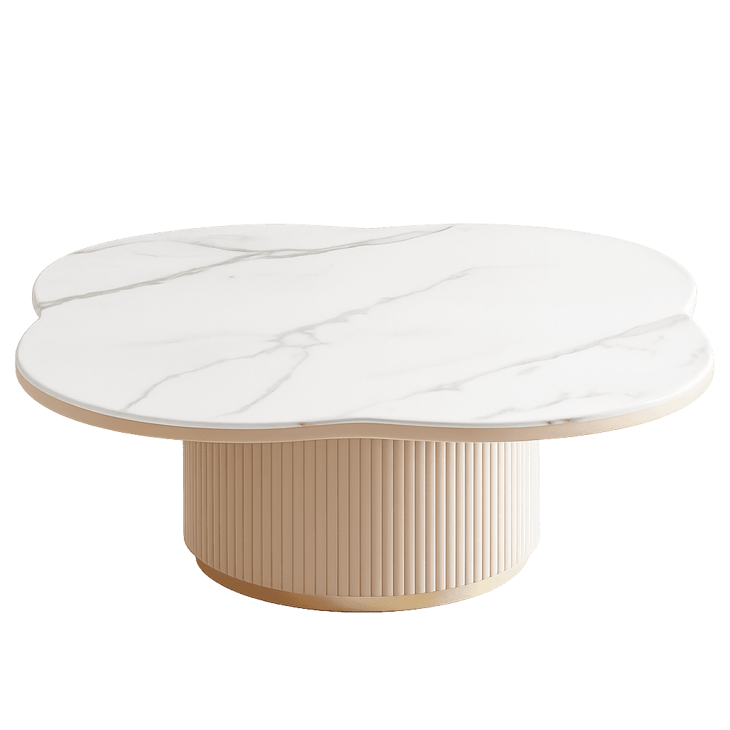A contemporary coffee table with a unique clover-leaf shaped tabletop. The tabletop has a white marble-like finish with subtle gray veining. It is supported by a cylindrical pedestal base featuring vertical fluting. The base is finished in a neutral, light beige tone, with a thin metallic trim at the top and bottom of the base. — 3D model