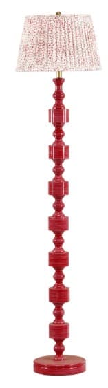 A vibrant red lacquered floor lamp featuring a distinctive stacked spindle-shaped column and a round base. The lamp is topped with a conical pleated fabric shade in white with small red flecks, complementing the base color. The lamp has a single light source, and its design suggests an eclectic or contemporary aesthetic with traditional influences. — 3D model