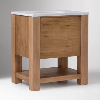 A modern, freestanding bathroom vanity featuring a light-toned oak wood frame and body, topped with a clean white integrated sink and countertop. The design includes a large, full-width drawer and an open lower shelf for additional storage or display. The natural wood grain is prominent, and the overall aesthetic is clean and minimalist. — 3D model