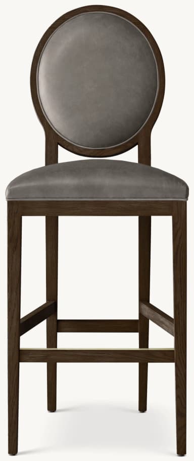 An upholstered bar stool with a dark wood frame and grey faux leather upholstery, featuring a distinctive oval-shaped backrest. — 3D model