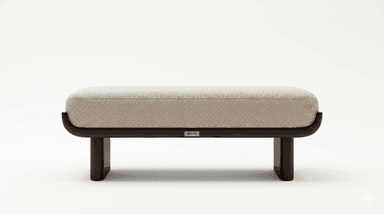 A modern, rectangular upholstered bench featuring a light beige, textured fabric seat atop a dark, solid wood frame. The frame has a distinctive curved design that cradles the upholstered top, supported by thick, rectangular wooden legs. A small metallic plaque, likely a brand emblem, is visible on the side of the wooden frame. — 3D model
