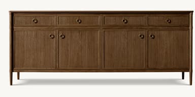 A long, low wooden credenza featuring a dark brown finish with visible wood grain. The credenza is supported by four tapered legs and comprises multiple storage compartments. The upper section includes several drawers, each fitted with a circular brass ring pull. Below the drawers are multiple sets of double doors, each also adorned with brass ring pulls, indicating enclosed storage. The design exhibits clean lines and a functional aesthetic. — 3D model
